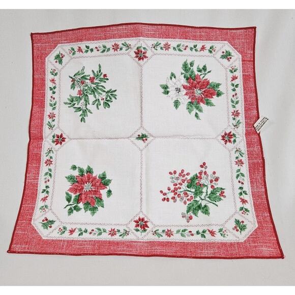Vtg Sunweave Linen Set Of 2 Pointsettia Holly Berries Christmas 17" Napkins - Picture 4 of 7